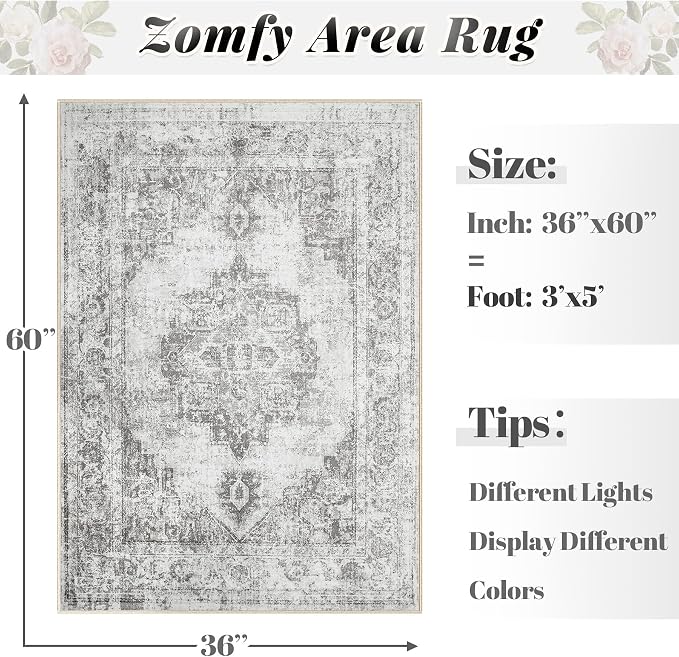 Area Rug 3x5 Vintage Rug: Washable Indoor Medallion Rug Low Pile Distressed Floor Carpet Retro Accent Doormat for Bedroom Bathroom Hallway Kitchen Home Office(Grey, 3'x5')