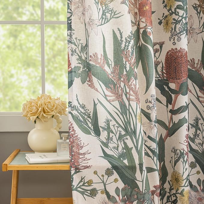 ALIGOGO Floral Print Curtains 108 Inches Long -Luxury Moody Decorative Curtains Two Pages for Balcony Sliding Glass Office, Extra Long Semi Sheer Linen Drapes Ceiling to Floor 9 FT, 50" W x 108" L