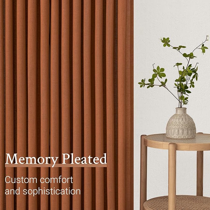 Pleated Linen Curtains 96 Inches Long for Living Room 2 Panel Set Cream Burnt Orange Semi Sheer Light Filtering Pinch Pleat with Hooks Back Tab Drapes Boho 96 Inch Curtain for Bedroom Window,8FT