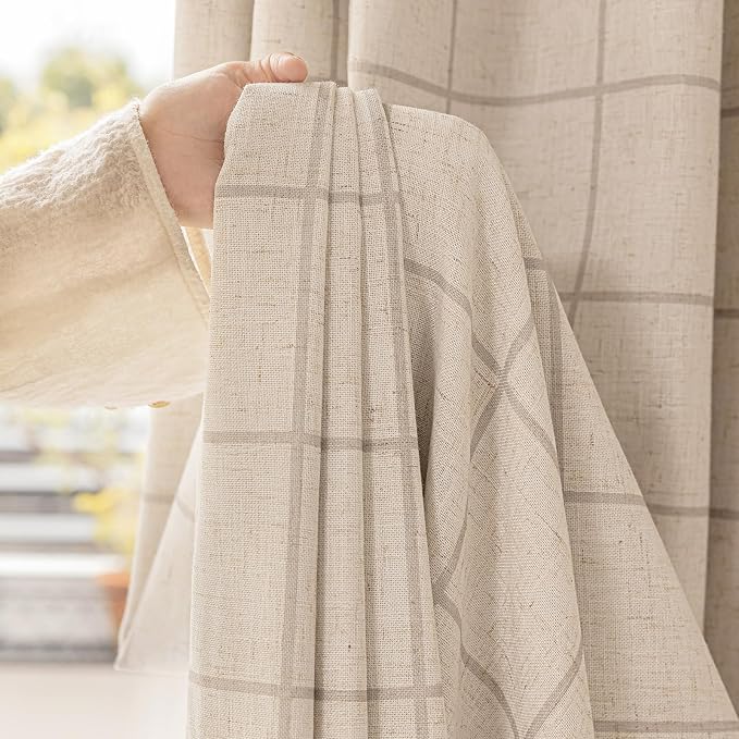 THREE GIRLS Linen Plaid Blackout Curtains for Living Room,Bedroom,Dining Room 95 Inches Long Gingham Double Layer 2 Panels Set Luxury and Modern Printed Design Darkening Pinch Pleated
