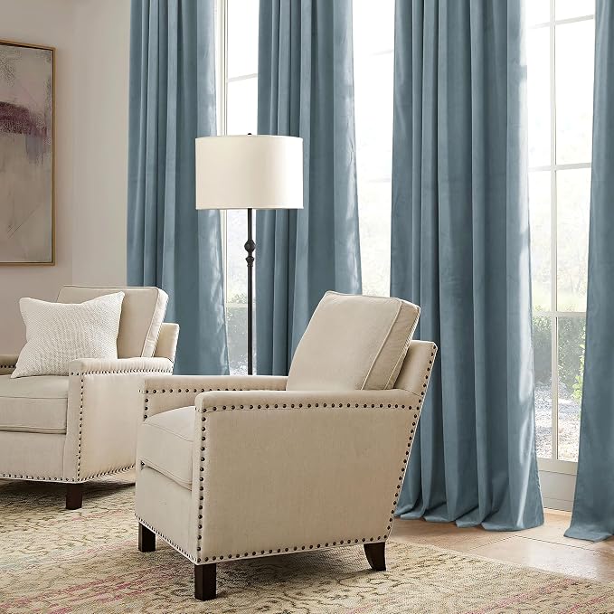 RYB HOME Stone Blue Velvet Curtains for Bedroom Living Room, Thermal Insulated Privacy UV Heat Blocking Luxurious Drapes for Nursery Dining Room, 62"W x 96"L, 2 Panels, Rod Pocket/Back Tab/Hook Belt