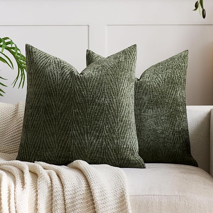 Summer Pillow Covers 18x18 Inch Set of 2, Soft Decorative Throw Pillow Covers with Leaves Texture, Hidden Zipper for Home Sofa Bed Couch (Olive Green, 18" x 18" (Pack of 2))