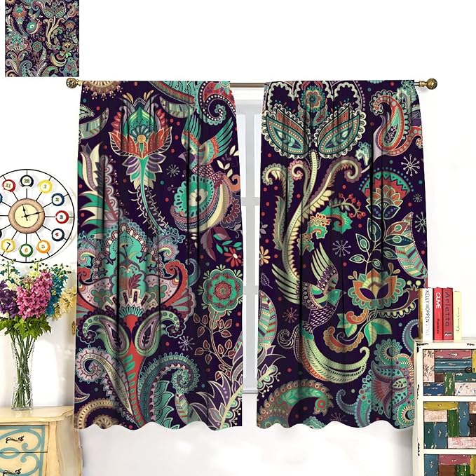 Boho Curtains, Traditional Geometric Ethnic Style Beautiful Floral Pattern, Blackout Curtains Living Room Bedroom Dim Room, 2 Panel Set, 42x45 in.