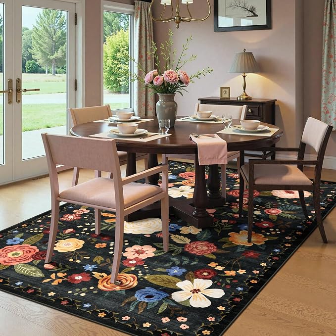 6x9 Washable Area Rug for Living Room, Floral Non-Slip Non-Shedding & Easy Care, Soft Low Pile Vintage Indoor Floor Carpet for Living Room, Bedroom, Farmhouse, Dining Room, Kids Playroom, Black