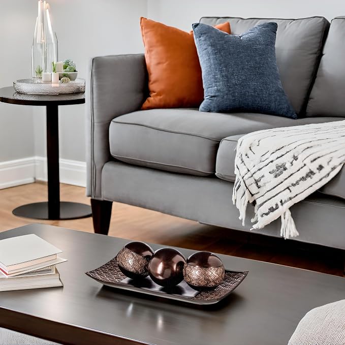 Creative Scents Dublin Brown Tray and Ball Set - Living Room, Entry Table Decor Centerpiece Table Decorations - Decorative Tray for Dining Room, Accent Decor Bowl for House Decoration