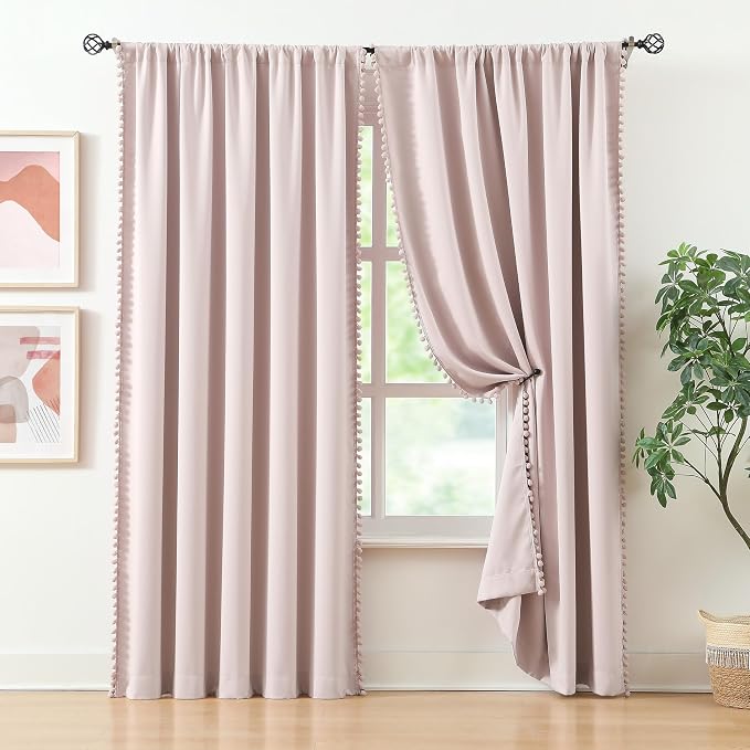 Treatmentex Pompom Blackout Curtains for Bedroom Pink Girls 90 inch Energy Efficient Thermal Insulated Living Room Darkening Curtain Panels for Kitchen Nursery Room 52" w x2 Panels Rod Pocket