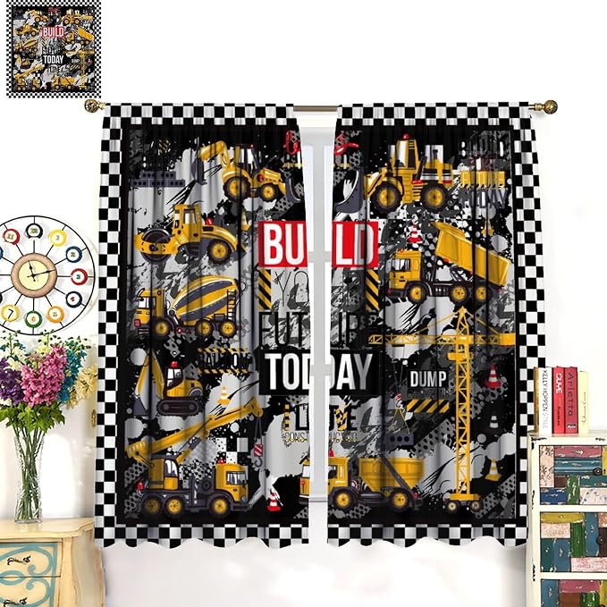 Cartoon Car Blackout Curtain,Boys Kids Construction Vehicles Truck Black White Checkered Window Curtains Kitchen Bedroom Cafe Dining Room Office Living Room Drapes, 55x63 in