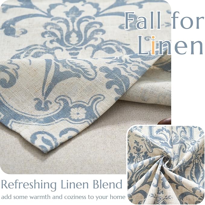 jinchan Linen Valance Curtain for Kitchen Vintage Damask Floral Light Filtering Double Layer Small Window Valance for Living Room Bedroom Bathroom 18 Inch Rod Pocket 1 Panel Light Blue on Beige