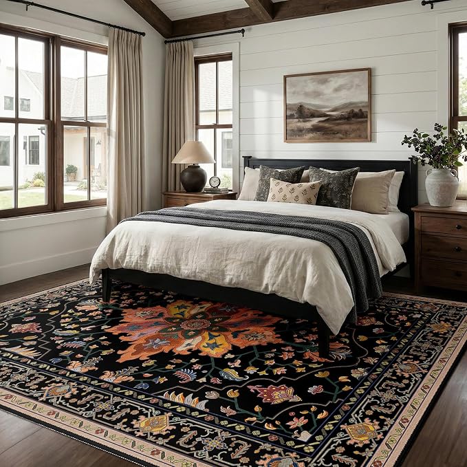 RELEANY Area Rugs 7'x10' Washable Non-Slip, Floral Vintage Distress Medallion Carpet for Living Room Bedroom Dining Room, Black Colorful Floral Dark Tan