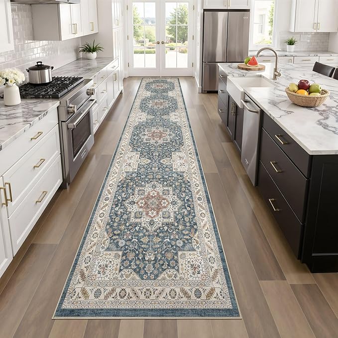 Vintage Hallway Runner Rug 2x6: Large Soft Washable Entryway for Kitchen Laundry Room Non-Slip Backing Runner for Entrance Living Room Bedroom Bathroom - Vintage Blue