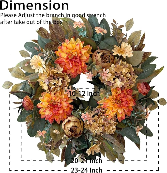WANNA-CUL 24in Fall Front Door Wreath Dahlia Hydrangea Peony Table Decor | Twig-base autumn wreath with storage box for yearly reuse, ideal Thanksgiving indoor & covered outdoor seasonal gift