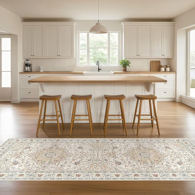 Runner Rug Kitchen Washable Rugs: 3x8 Non-Slip Boho Soft Vintage Stain Resistant Indoor Floor Neutral Farmhouse Throw Carpet for Hallway Bathroom Laundry Room Entryway Bedroom- Cream