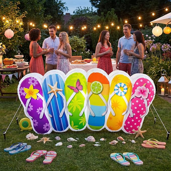 VIHOSE 5 FT Summer Inflatable Flip Flop Blow Up Slipper with Built in LED Lights Oversized Party Decoration for Pool Beach Lawn Yard Hawaiian Luau Tropical
