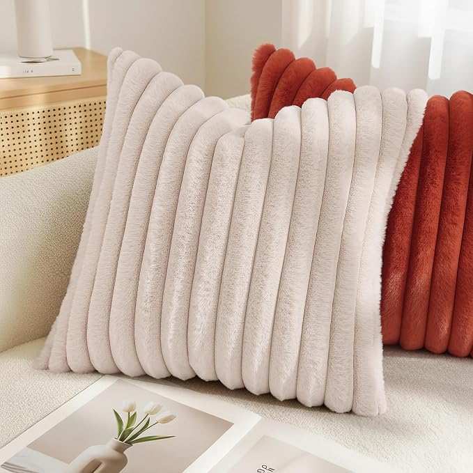 decorUhome Fall Cozy Faux Fur Throw Pillow Covers 26x26 Set of 2 Decorative Soft Plush Striped Modern Farmhouse Boho Couch Euro Sham Pillow Cases with Velvet Back for Sofa Bed Living Room, Beige