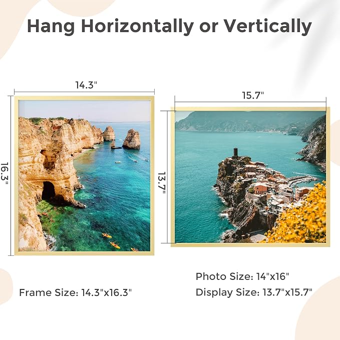 FLYJOE 14x16 Metal Picture Frame - Gold Aluminum Photo Frames-Real Real Glass,Wall Gallery Poster Puzzles Artwork 16x14 frame Mounting Horizontally or Vertically Decor for Wall, Gold