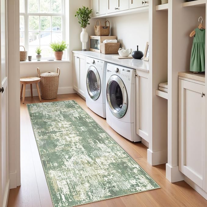 RELEANY Washable Area Rugs 2'x10' Non-Slip Modern Abstract Soft for Living Room Entryway Bedroom Kitchen, Print Pattern, Light Green/Yellow