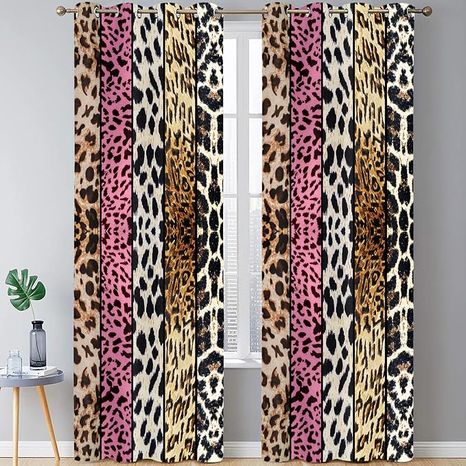 Wild Animal Print Curtain, Room Darkening Thermal Insulated Blackout Leopard Boa Window Drapes with Grommets for Living, Dining, Bedroom, Pink Leopard Print, 52"x 96", 2 Panels