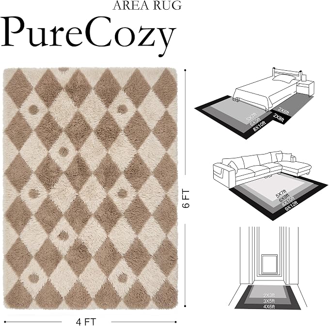 PureCozy Brown 4x6 Area Rug for Living Room Washable Non Slip Neutral Soft Bedroom Checkered Carpet Colorful Fluffy Modern Shag Fuzzy Indoor Large Aesthetic Bedroom Home Office Playroom Nursery