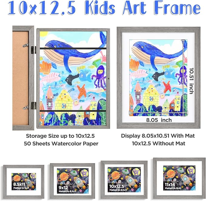 KINLINK 10x12.5 Kids Art Frame 2 Pack, Solid Wood Artwork Frames Changeable, Front Opening Hold 150 Pictures, Art Frames for Kids Artwork, 8.5x11 with Mat 10x12.5 without Mat, Picture Frames Grey