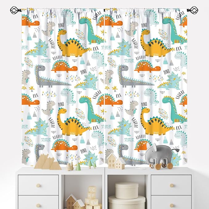YCness Dinosaur Curtains for Boys Girls Children Nursery Playroom Room Decor Cute Cartoon Dino Art Printed Window Drapes Decor Fabric Set 2 Panel. 52x84 Inch 80% Shading Rate