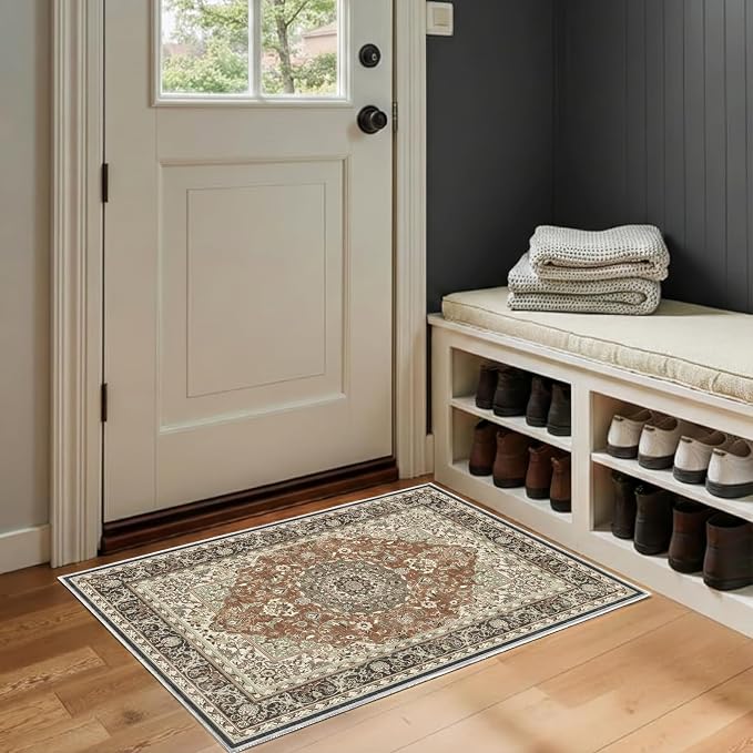 2x3 Rug for Entryway Hallway-Vintage Farmhouse Boho Floral Neutral Washable Stain Resistant Indoor Rugs for Home Decor(Brick&Brown)