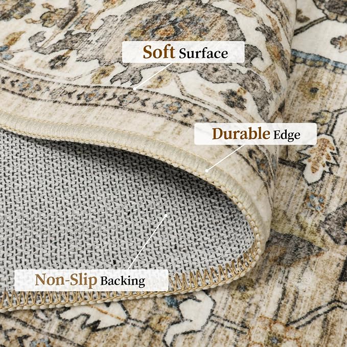Roxstand 5x7 Washable Area Rug, Vintage Low Pile Rug, Beige/Brown | Non-slip Backing, Low-Pile Carpet, Stain Resistant,Rugs for Living Room,Bedroom, Dining Room, Office