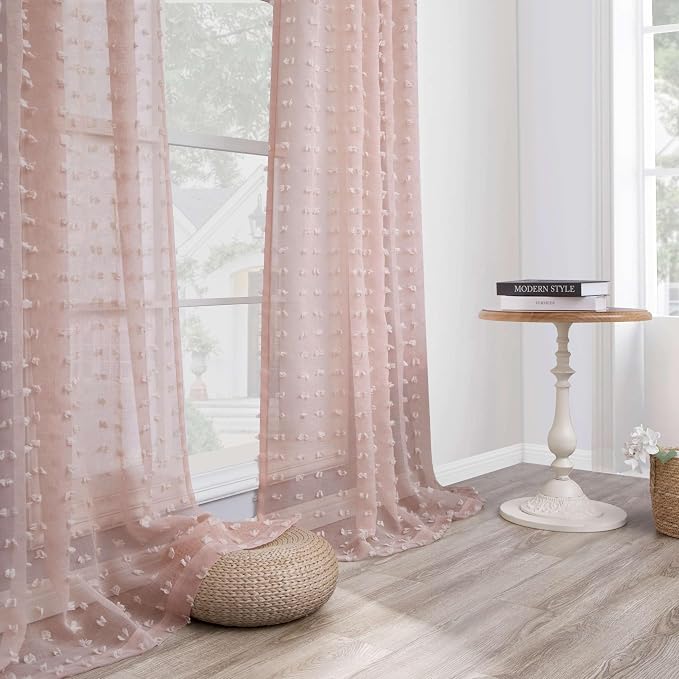 DANCURTON Pink Sheer Curtains 84 Inch Length for Living Room Girls Bedroom 2 Panels Light Filtering Transparency Cute Sheer Semi Curtains Boho Pom Pom Lovely Design Drapes Back Tab 52x84 Blush Pink