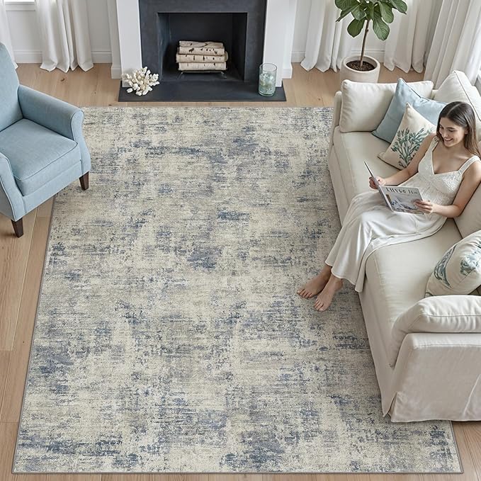 DEXI Washable Area Rug for Living Room 5x8, Modern Abstract Soft Indoor Large Rugs, Stain Resistant Low Pile Carpet with Non Slip Backing for Dining Bedroom Office, Blue
