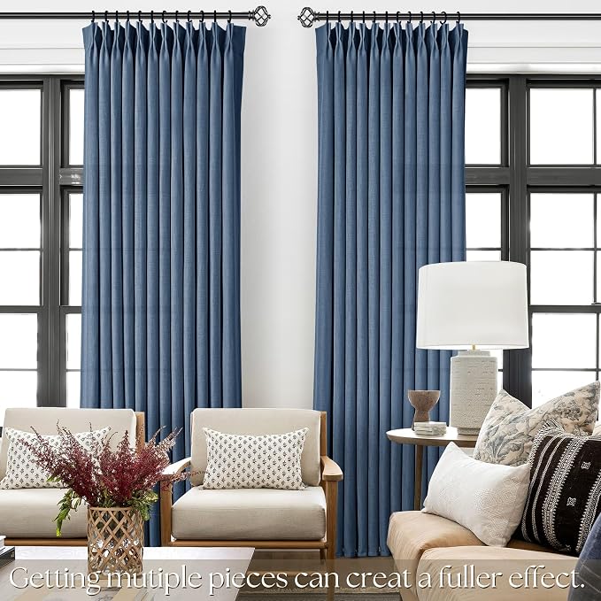 Pinch Pleated Navy Blue Curtains 108 inches Long 2 Panels for Living Room Textured Semi Sheer Pleat Linen Drapes 108 Inch Length with Hooks Navy Sliding Door Curtain Light Filtering 9 ft