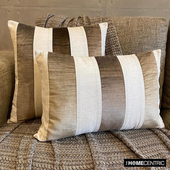 The HomeCentric Pillow Cases, Brown Pack of 2, 24x24 inch (60x60 cm) Throw Pillows, Velvet Patchwork Throw Pillows for Couch, Striped Modern Style Easter - Velvet Band Choco