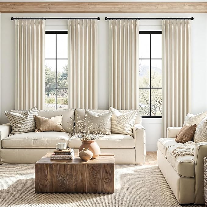 102 Inches Long 100% Blackout Ivory Beige Linen Curtains,Farmhouse Pinch Pleated Noise Cancelling Curtains with Pin Hooks for Traverse Rods, Burlap Viral Drapes 2 Panels for Living Room Master Bedroom