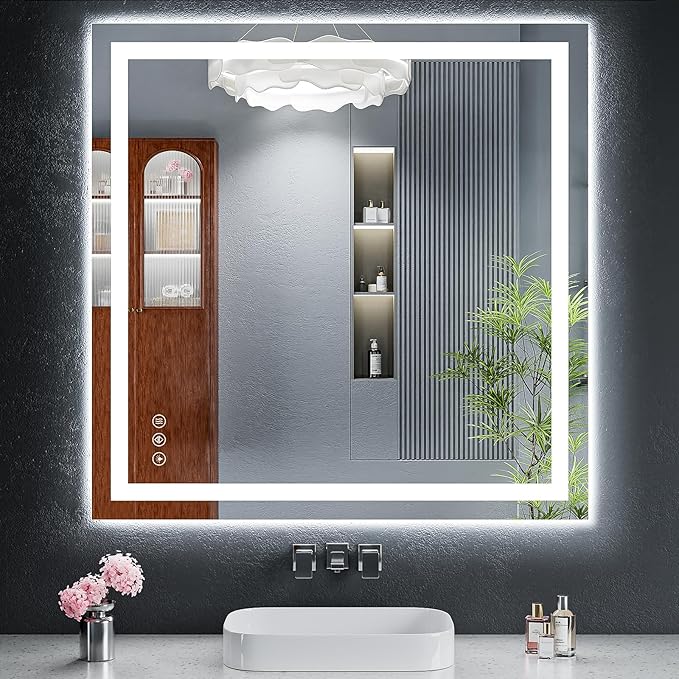 36"x36" LED Bathroom Mirror with Lights, Backlit + Front Lit with CRI>90, Lighted Mirror for Bathroom, Anti-Fog, Dimmable Brightness, 3 Colors, Memory Function, Shatterproof Tempered Glass
