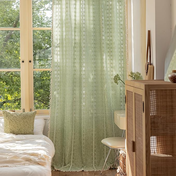 Deeprove Sage Green Boho Curtain 84 inches Length for Living Room Bedroom Nursery Doorway, Sheer Bohemian 84 inches Long Stripe Embroidery Privacy Window Fringe Christmas Decor W52 x L84, 1 Panel