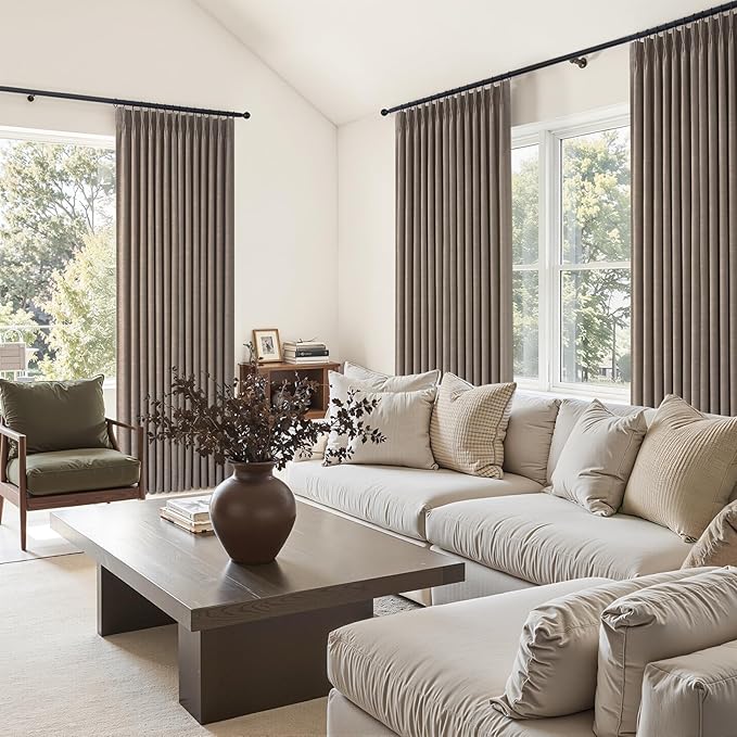 Topfinel 100% Blackout Pinch Pleated Curtains for Track System, Dark Flax Thick Blend Linen Bedroom Curtains, Decorative Elegant Lined Nursery Drapes 2 Panels Cozy Rustic Boho Style Dark Brown