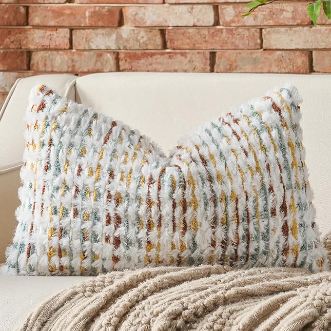 AmHoo Set of 2 Boho Chenille Pillow Cover Decorative Tufted Pillowcase for Couch Bed Sofa Bedroom Living Room Modern 12 x 20-Inch Brown White