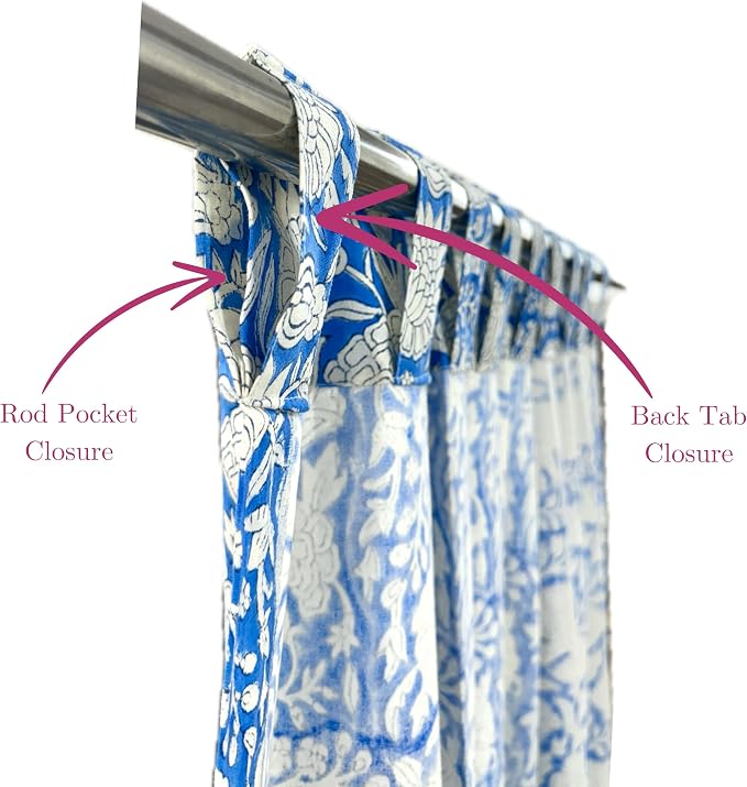 ATOSII 100% Cotton Single Panel Floral Block Print Curtain, Easy Hanging with Rod Pocket & Loop, Living Room, Dining Room, Bedroom Light Filtering Boho Curtains, Set of 1, 60" W X 96" L, Azora Blue