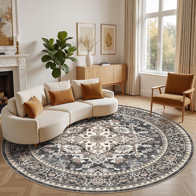 8ft Round Area Rug: Washable Vintage Neutral Soft Non Slip Thin Large Floor Carpet for Living Room Bedroom Kitchen Dining Room Home Office Farmhouse Indoor - Black