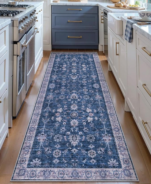 Tangsoo 2x6 Washable Runner Rug for Hallway, Non Slip Boho Vintage Floral Rug Runner for Kitchen Entryway,Indigo Blue Floor Carpet Soft Low Pile Indoor Mat for Bedroom Bathroom Laundry Dinning