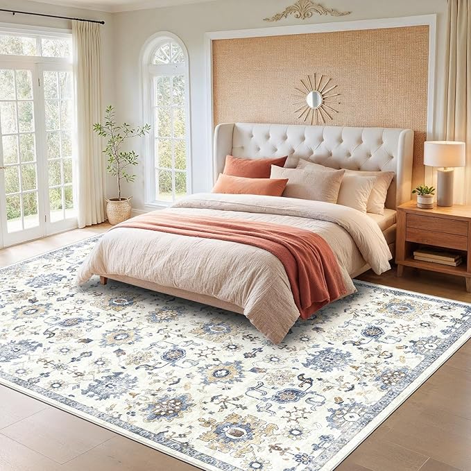 AMADA HOMEFURNISHING 10x14 Washable Area Rug, Low-Profile Large Area Rug with Non-Slip Backing & Durable Edge Binding, Vintage Large Rugs for Living Room, Bedroom & Dining Room
