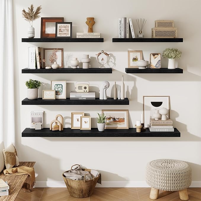 Fun Memories 55 Inch Fireplace Mantel Shelf, 10 Inch Deep Shelves for Display & Wall Storage, Rustic Wood Wall Shelf, Extra Long Floating Shelves for Living Room Laundry Room, Black, Set of 1