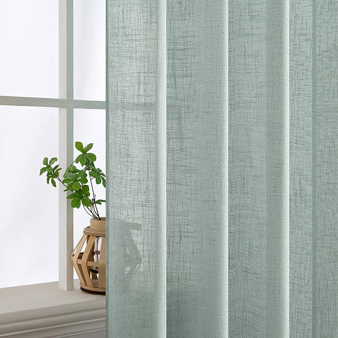 MIULEE Sea Green Linen Curtains 108 Inches Long for Bedroom Living Room, Soft Thick Linen Textured Window Drapes Semi Sheer Light Filtering Back Tab Rod Pocket Burlap Look Aqua Decor, 2 Panels