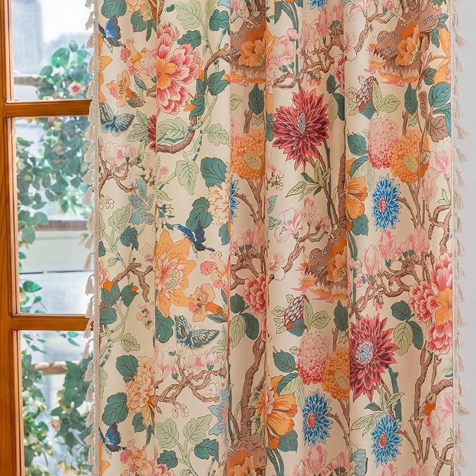 OYX Boho Floral Curtains 63 Inch, Linen Farmhouse Flower Drapes with Lace & Tassels, Light Filtering Semi Sheer Curtains for Living Room Bedroom, 2 Panels