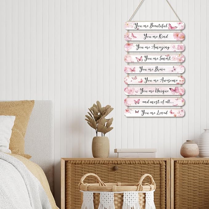 MONALET Pink Butterfly Inspirational Wall Decor for Girls Kids Room Office Classroom Playroom Nursery, You Are Loved Hanging Wooden Signs Decorations, Rustic Vintage Aesthetic Wood Plaque 9Pcs 12x19