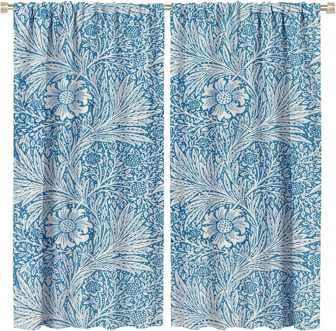 Bohe Vintage Floral Blackout Windows Curtains, William Morris Original Design Blue Flower Pattern Rod Pocket Curtains, for Living Room Bedroom 21(W)*45(L) 2 Panels