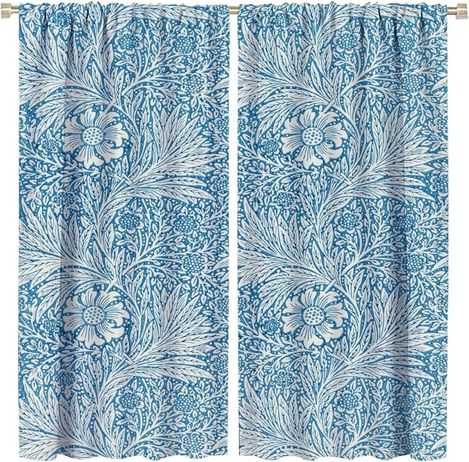 Bohe Vintage Floral Blackout Windows Curtains, William Morris Original Design Blue Flower Pattern Rod Pocket Curtains, for Living Room Bedroom 42(W)*84(L) 2 Panels