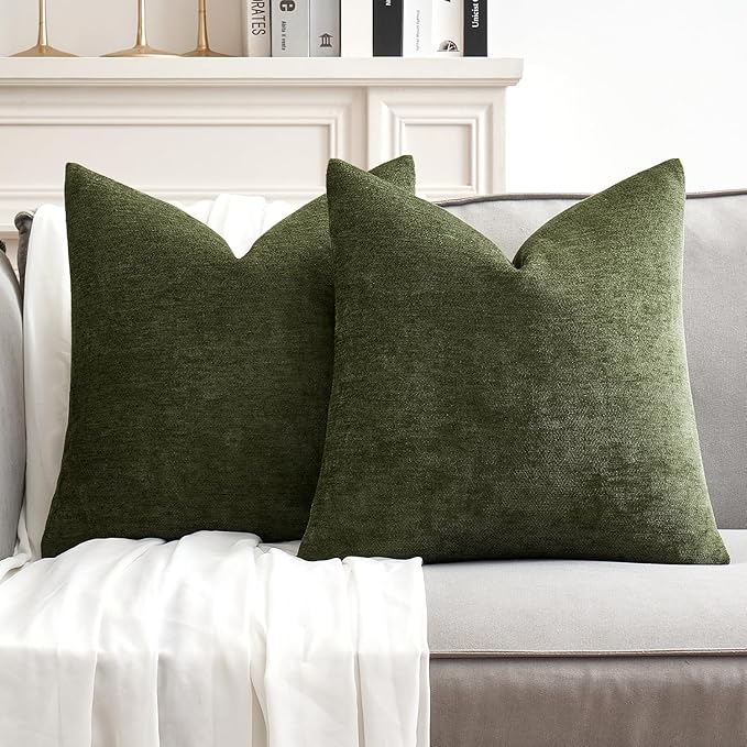 MIULEE Pack of 2 Olive Green Decorative Pillow Covers 20x20 Inch | Soft Chenille Couch Throw Pillows Farmhouse Cushion Covers for Home Decor Sofa Bedroom Living Room