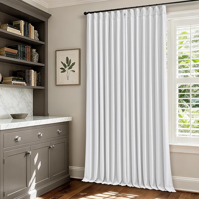 White Linen Blackout Pleated Curtains 90 Inches Long for Living Room Darkening Pinch Pleat 100% Black Out Drapes Thermal Insulated Soundproof Pure White 90 Inch Curtain Panel for Dining Bedroom