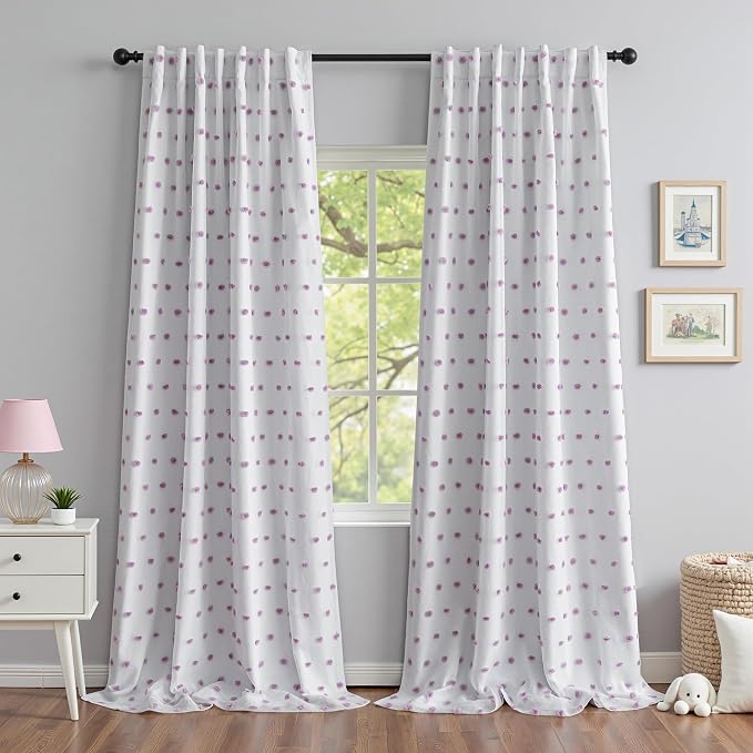 MYSKY HOME 100% Blackout Curtains for Living Room 95 Inch Long Total Light Blocking Curtains for Sliding Door 2 Panels Back Tab Room Darkening Girls Bedroom Drapes Purple Pom Pom Sheer 52 x 95 in