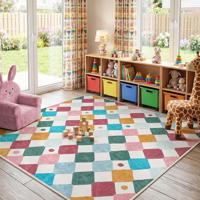 jinchan Macy Area Rug for Kids Room 6'x6' Square Rug Modern Colorful Nursery Rug Checkered Diamond Play Mat Washable Soft Non Slip Carpet for Playroom Bedroom Dorm Daycare Confetti on Cream