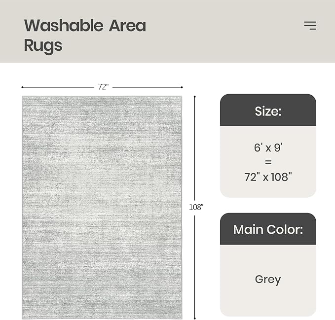 Valenrug Washable Rug 6x9 - Stain Resistant 6x9 Area Rugs for Living Room, Non Slip Backing Printed Rugs for Bedroom, Folable Machine Washable Area Rug (6'x9', Grey)